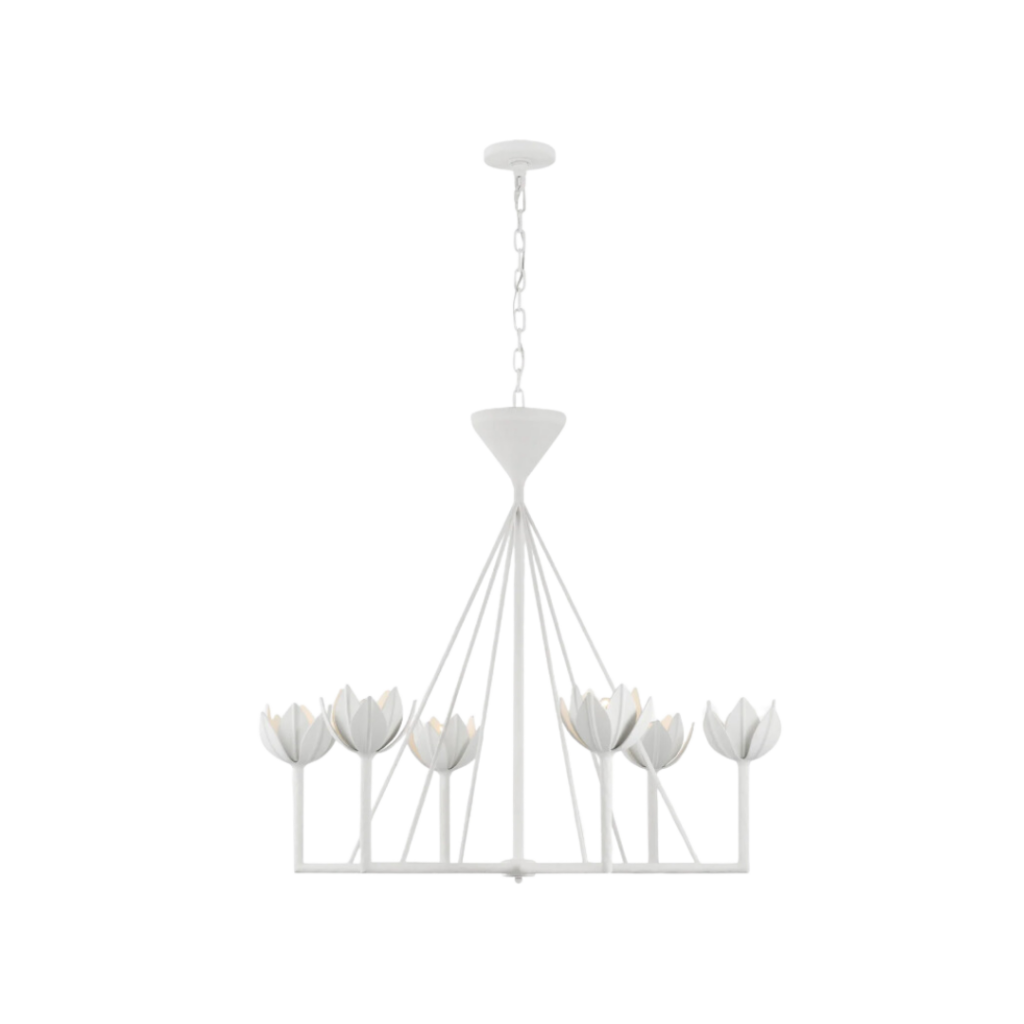 Julie Neill's Alberto Large Low Ceiling Chandelier, featuring six E14 sockets and a sculptural plaster floral design, available in Plaster White and Antique Gold Leaf finishes, ideal for spaces with lower ceilings.
