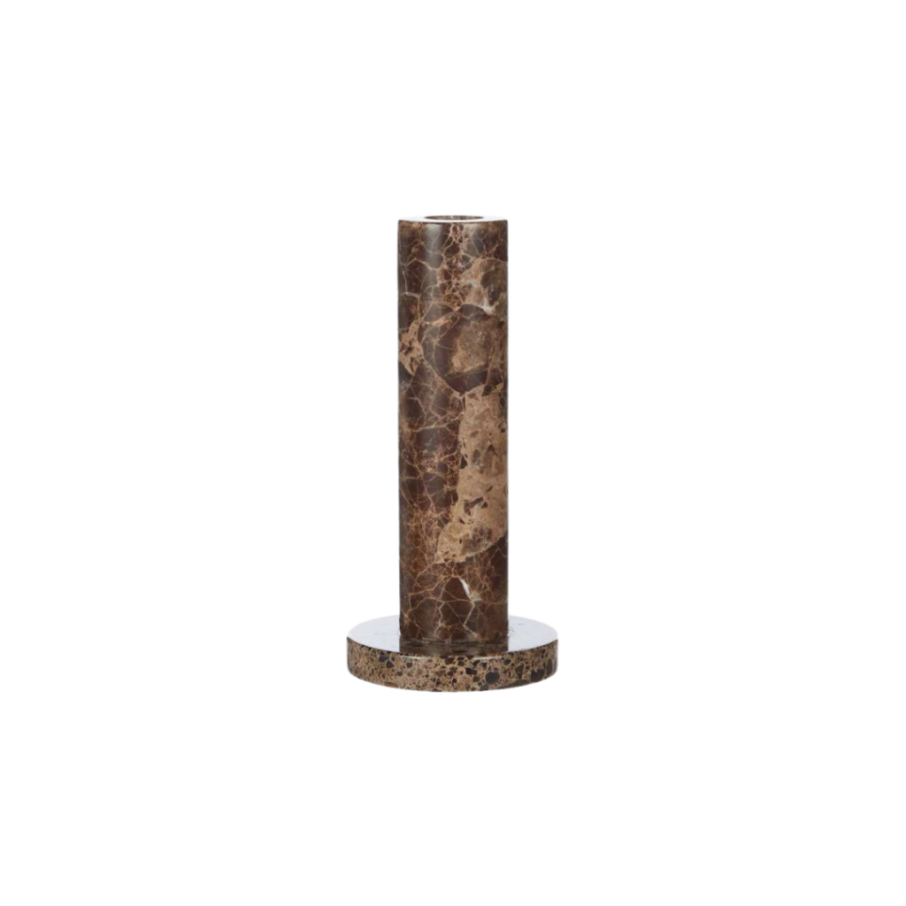 Trit House Alberto Marble Candleholder in rich brown marble with cylindrical silhouette, a mid-century inspired piece adding warmth and elegance to any setting.