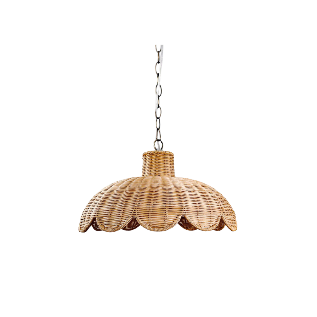 Ivory & Deene Alice pendant light handcrafted from natural rattan with a scallop edge design, featuring antique brass chain and clear cord fittings, adding a warm, boho touch to any space.​