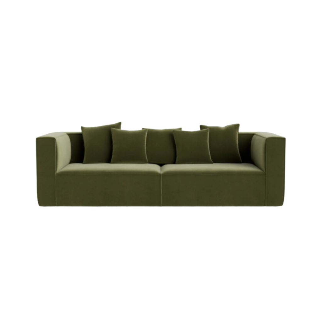 RJ Living's Block 3 Seater Sofa in Opal Forest, featuring clean lines, oversized arms, and velvet upholstery, offering a minimalist design with luxurious comfort.