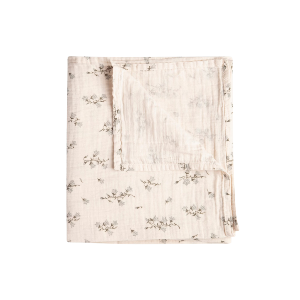 Garbo & Friends Bluebell Muslin Swaddle Blanket in cotton muslin with a delicate bluebell pattern, perfect for swaddling, pram use, or as a lightweight layer during naps.​