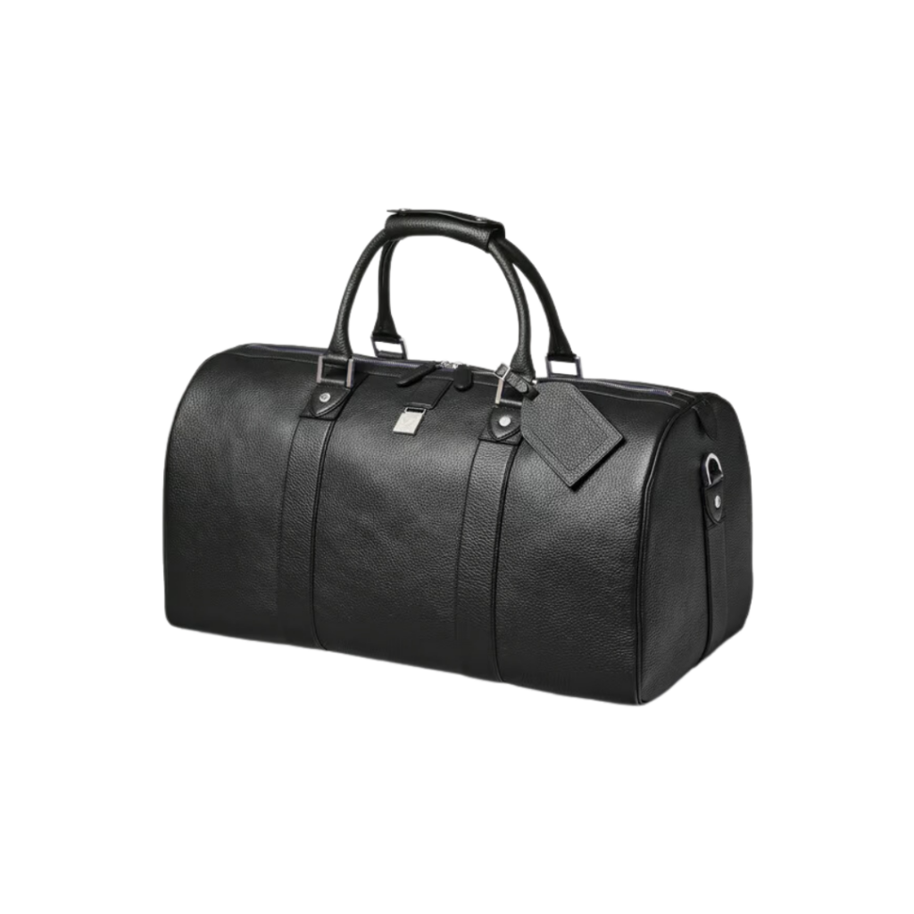 Aspinal of London Boston Bag in black pebble-grain leather with polished hardware, dual top handles, and a detachable shoulder strap, featuring an argyle silk lining and internal zipped pocket.