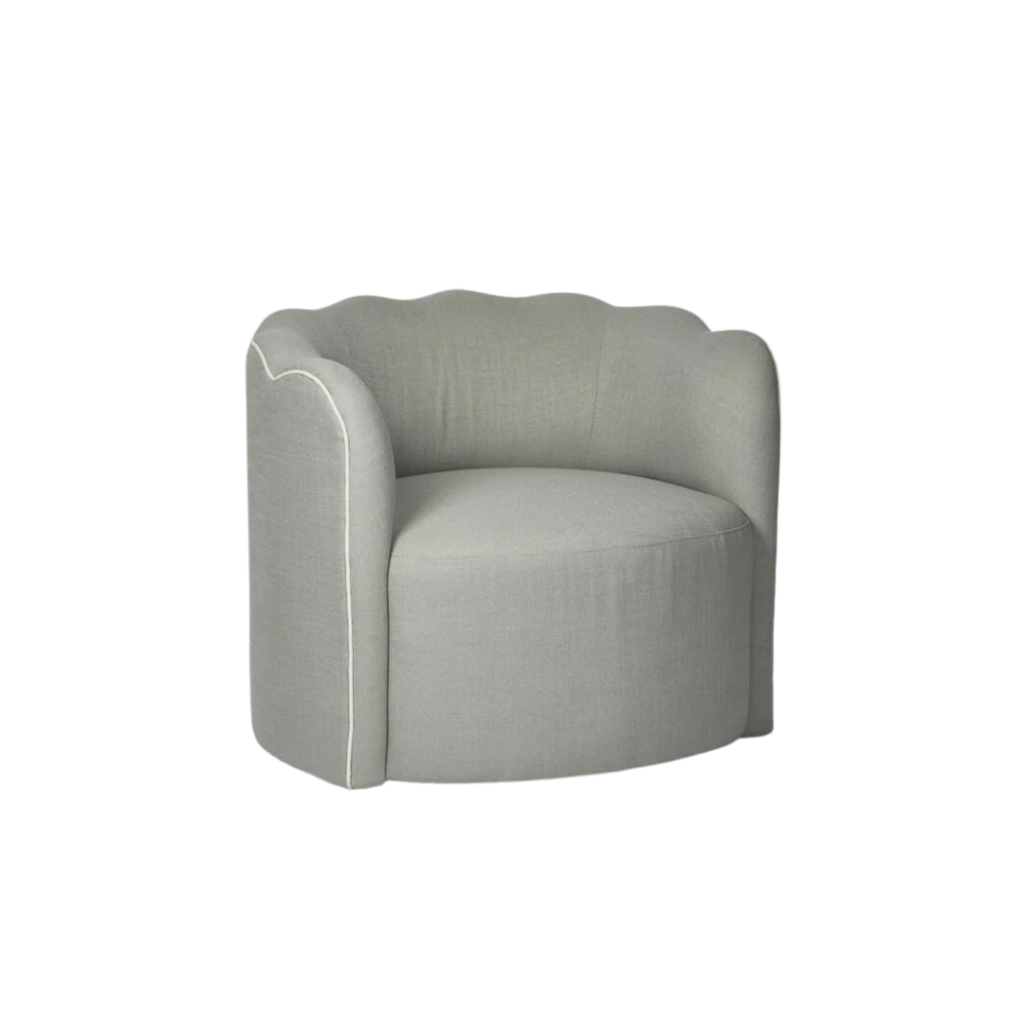 Florabelle Camille Scallop Armchair in seafoam fabric with elegant white piping, featuring a soft, curved silhouette and scalloped backrest, ideal for coastal-inspired interiors.