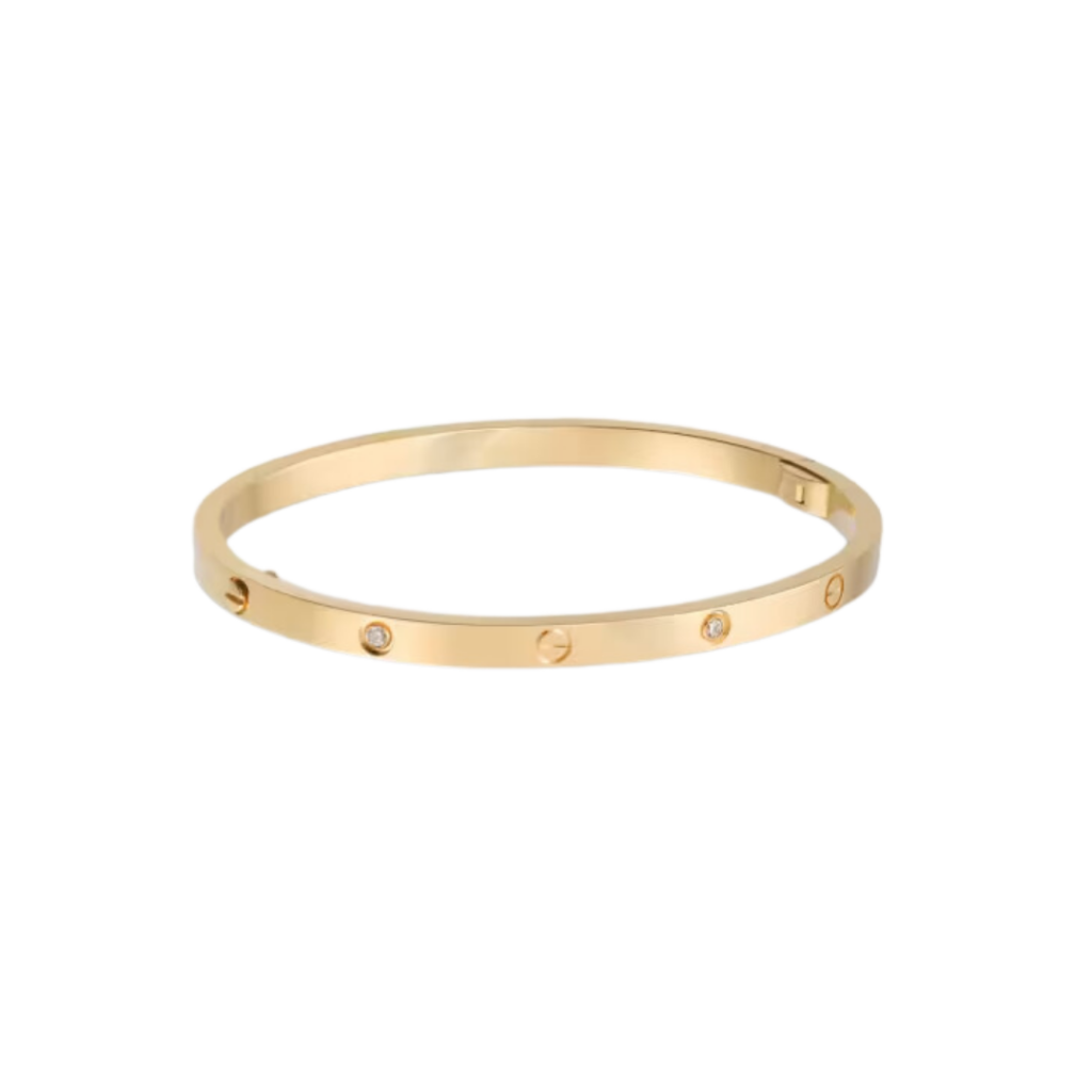 Cartier's LOVE Bracelet, Small Model, crafted in 18K yellow gold, featuring a 3.65 mm width and oval shape for a comfortable fit, symbolising timeless elegance and affection.
