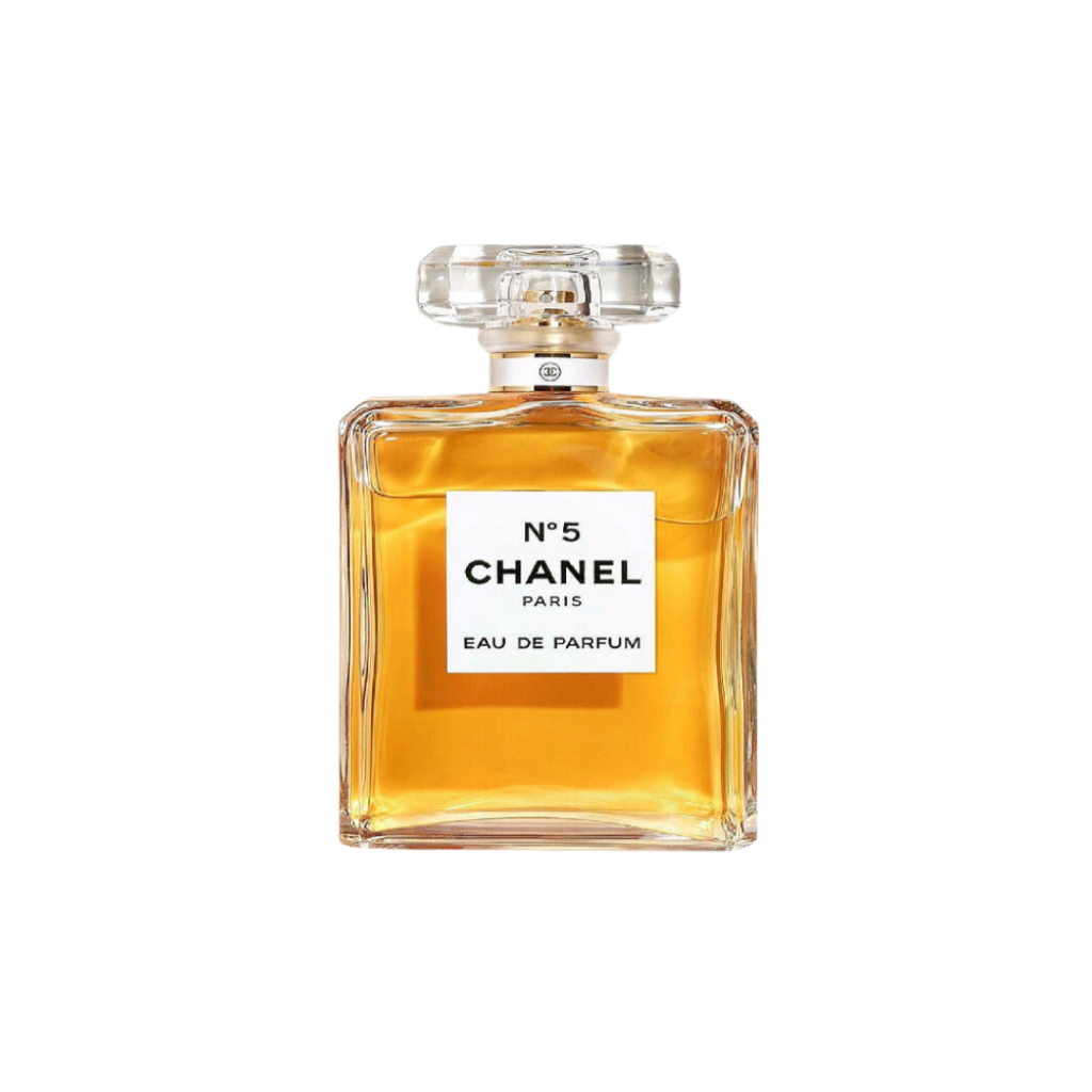 Chanel N°5 Eau De Parfum Spray 100ml, featuring a minimalist glass bottle with the iconic black and white label, encapsulating a timeless aldehydic floral bouquet of neroli, May rose, jasmine, and ylang-ylang, complemented by a touch of bourbon vanilla.