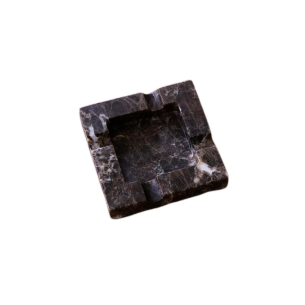 Fleur Studios Chocolate Marble Ashtray featuring a hand-finished, masculine silhouette in rich brown marble with lighter veins, serving as a refined decorative piece or functional ashtray.