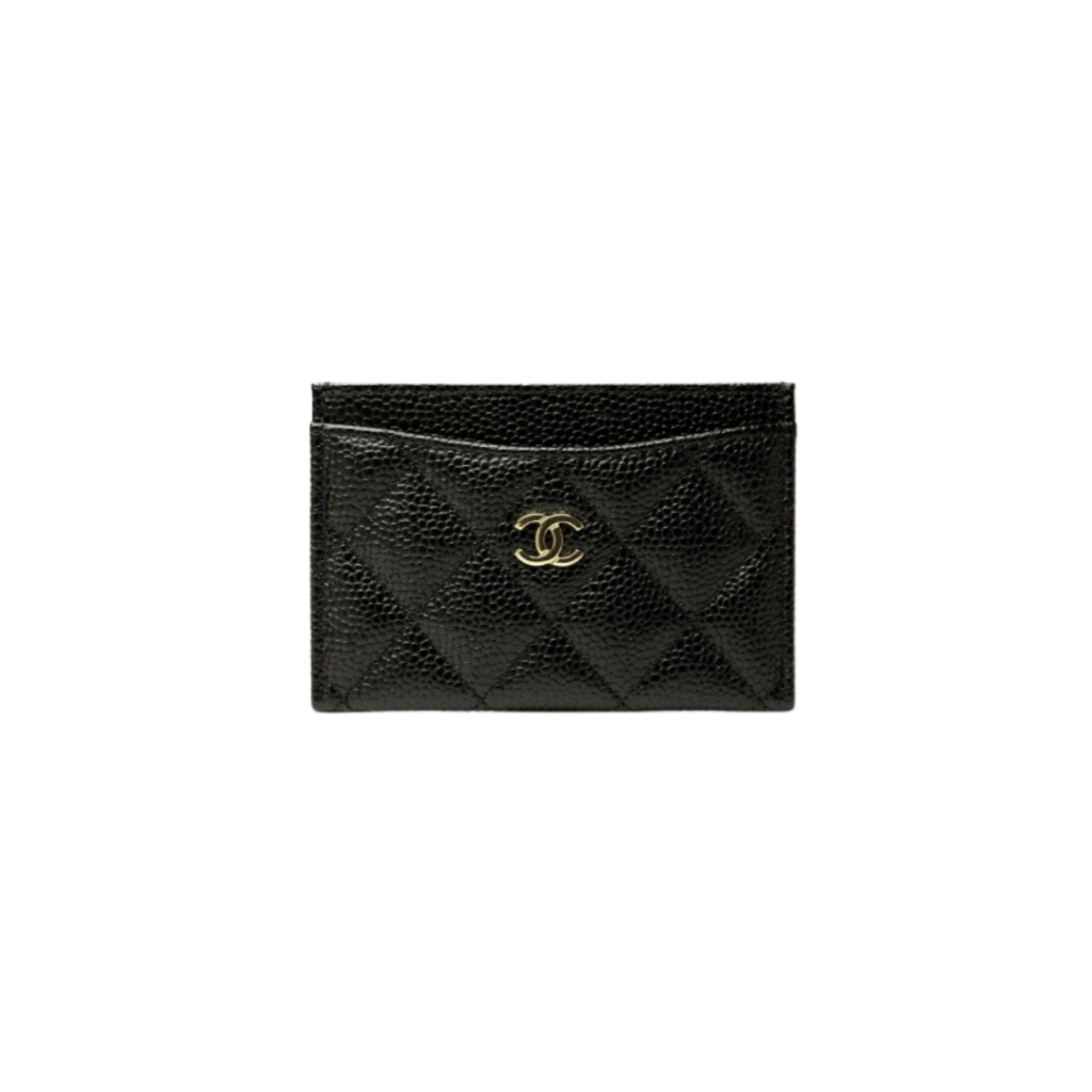 Chanel Classic Card Holder in black grained calfskin featuring a quilted design and gold-tone metal CC logo, offering a sleek and timeless accessory for essentials.