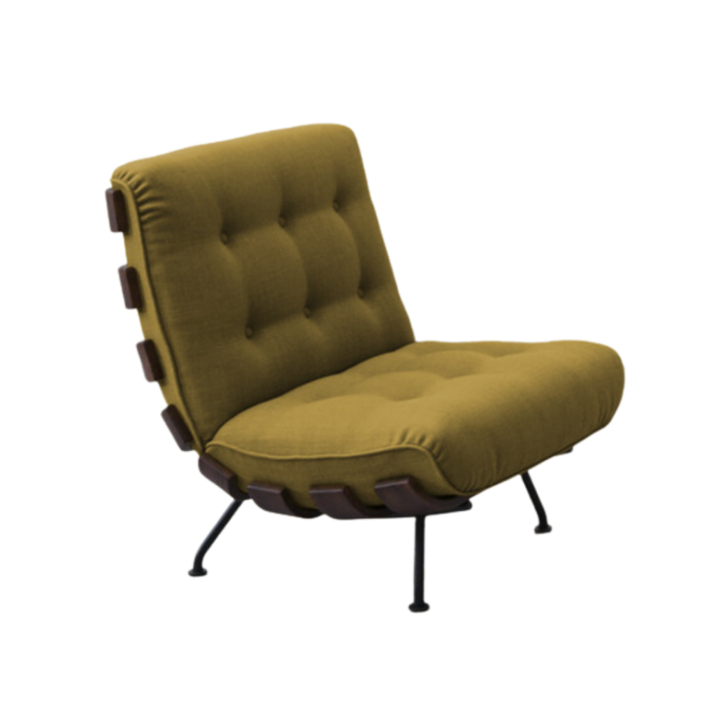 The Costela Armchair by Tacchini, designed by Martin Eisler in the 1950s, features a sculptural walnut rib frame that embraces the seat and backrest, complemented by large, tufted cushions for optimal comfort.