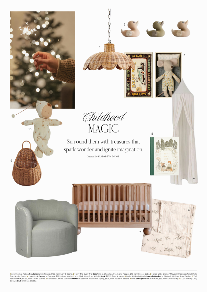 Magazine-style editorial page from Elizabeth Davis’s Childhood Magic 2024 gift guide, presenting a thoughtful selection of children’s gifts designed to spark imagination and joy.