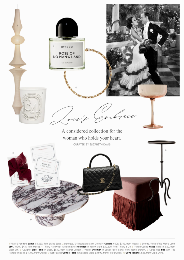 Magazine-style editorial page from Elizabeth Davis’s Love’s Embrace Valentine’s Day 2025 guide for women, presenting thoughtful and luxurious gift selections that celebrate connection and affection.