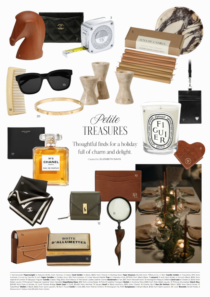 Magazine-style editorial page from Elizabeth Davis’s Petite Treasures 2024 gift guide, highlighting a thoughtfully curated selection of elegant stocking stuffer ideas, perfect for adding a touch of luxury to festive celebrations.