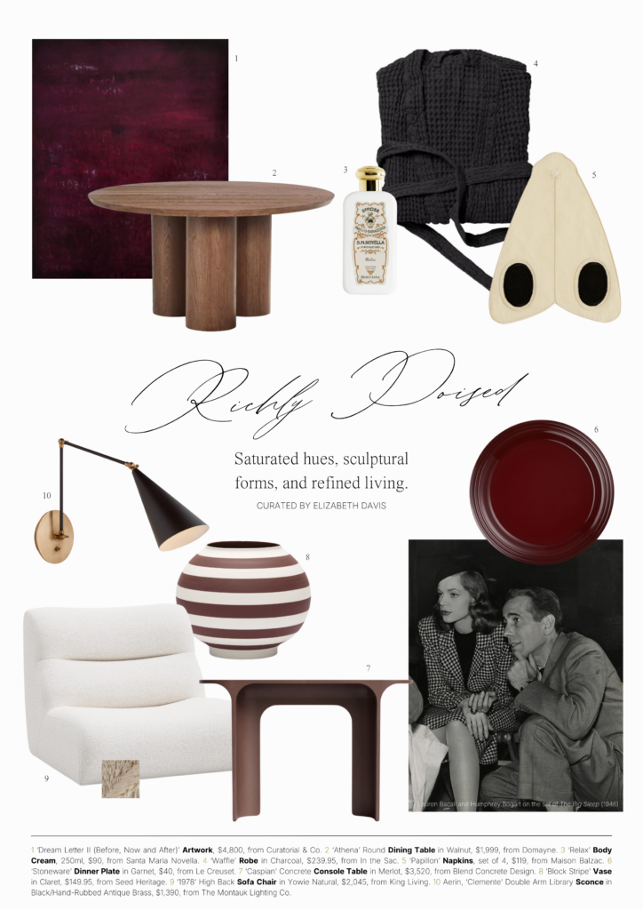 Magazine-style editorial page from Elizabeth Davis’s Richly Poised autumn 2025 style guide, featuring an exquisite selection of products that embody elegance, refinement, and timeless sophistication for the season.