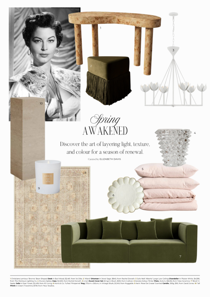 Magazine-style editorial page from Elizabeth Davis’s Spring Awakened Spring 2024 guide, highlighting fresh, curated selections that celebrate renewal, lightness, and intentional design.