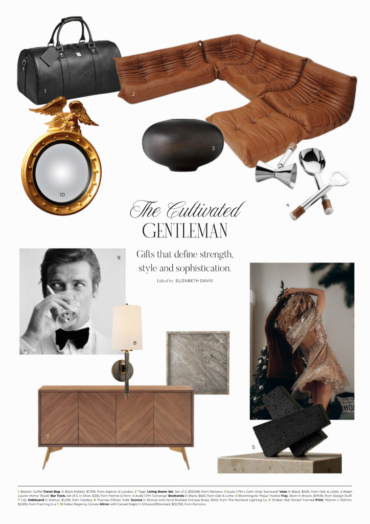 Magazine-style editorial page from Elizabeth Davis’s The Cultivated Gentleman 2024 gift guide, showcasing a curated selection of refined gifts for the modern man with a focus on elegance and timeless style