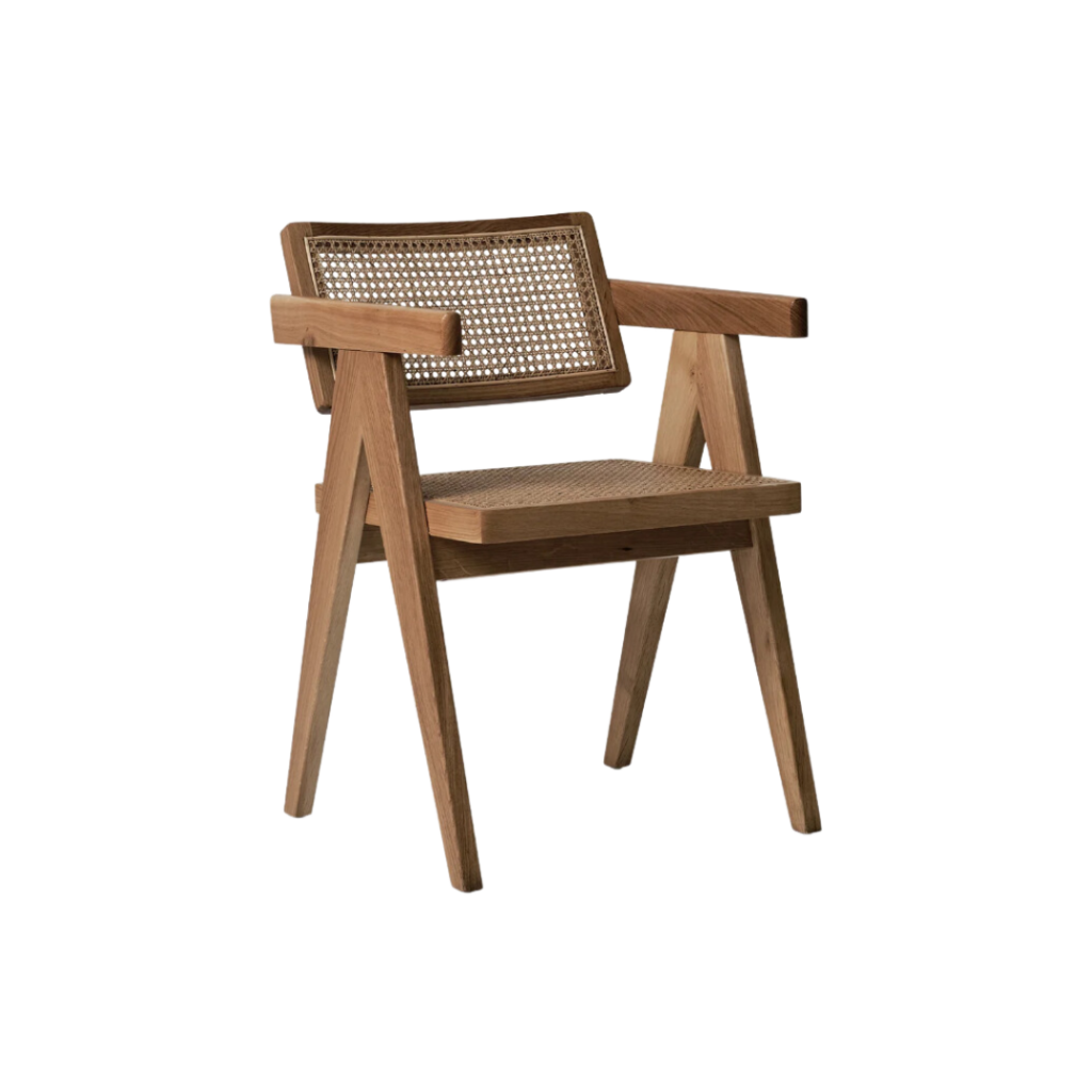 The Galleria Caramel Dining Chair features a caramel ash timber frame complemented by a woven rattan seat and backrest, offering a blend of natural textures and modern design.
