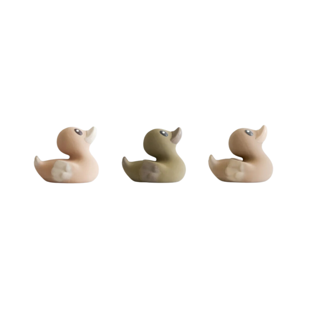 EveEco Baby's Harry the Duck Trio features three natural rubber bath ducks in chocolate, peach, and pepper hues, designed for safe, non-toxic playtime.