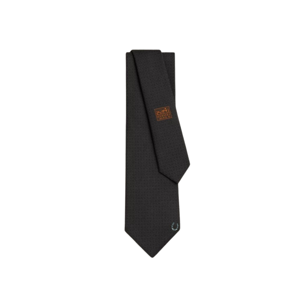 Hermès Unie Fer à Cheval Tie crafted from 100% hand-sewn silk in noir and anthracite tones, featuring a subtle horseshoe motif for a timeless, elegant touch