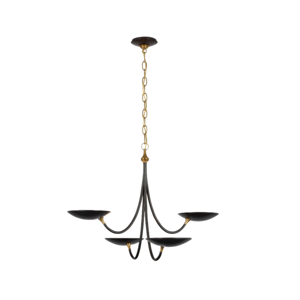 The Keira Medium Chandelier by Thomas O'Brien features slender metalwork arms that curve gracefully, inspired by organic floral forms, offering a sophisticated and sculptural lighting solution.