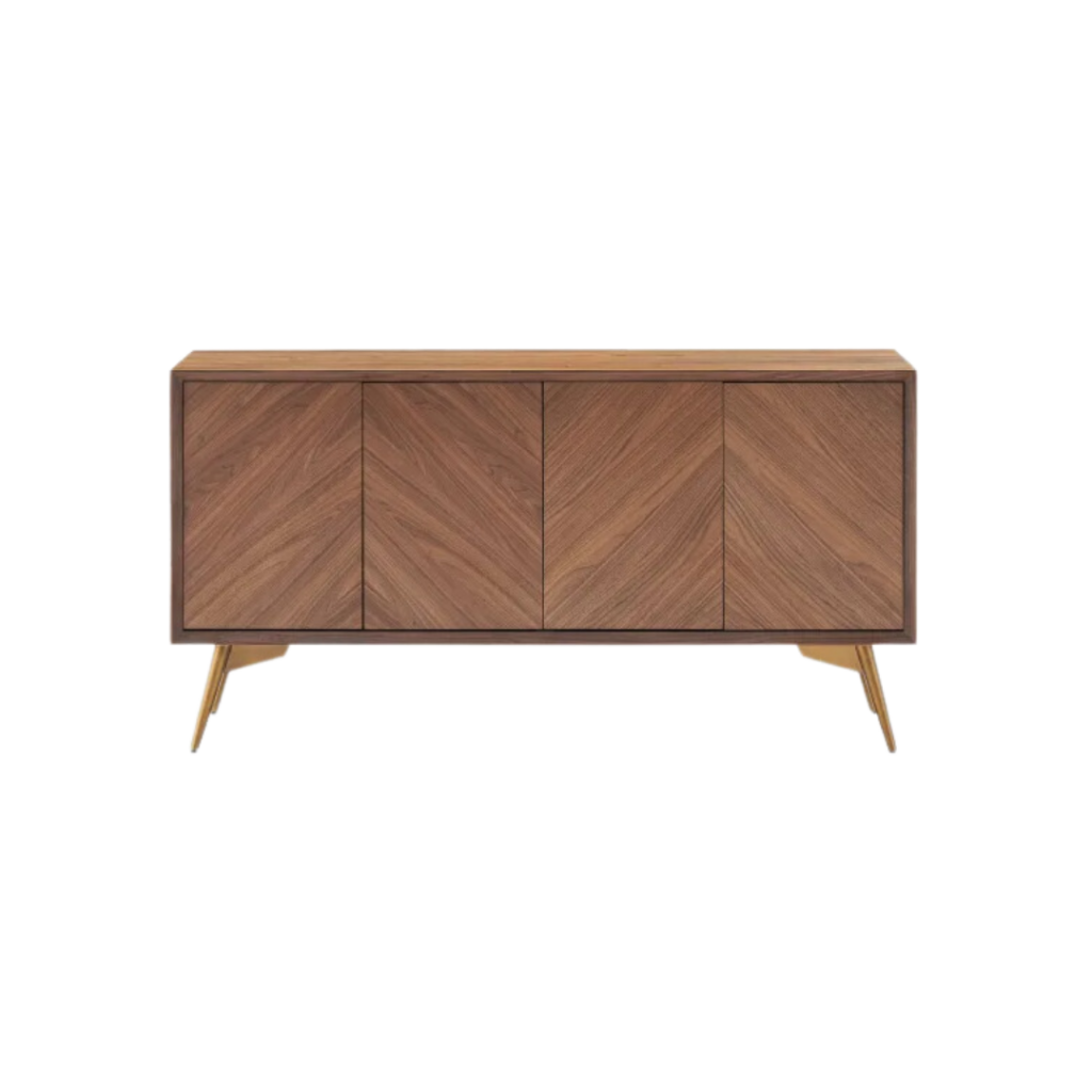 Castlery Lily Sideboard featuring a chevron-patterned walnut veneer surface, brass powder-coated metal legs, and push-to-open swing doors, designed by James Harrison.