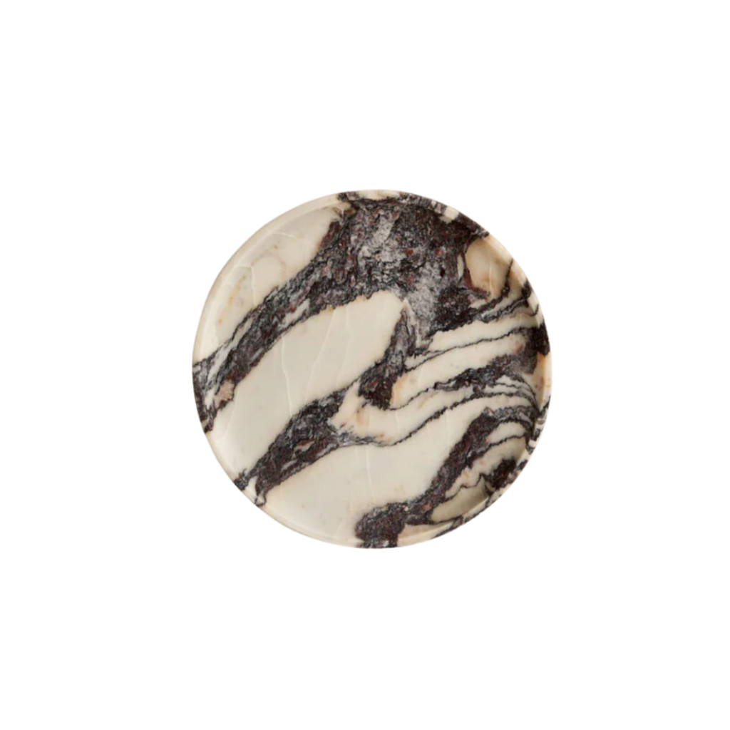 Black Blaze Linea Round Marble Tray in Calacatta Viola, featuring a minimalist design with natural stone veining, perfect for organising candles, perfumes, or jewelry.