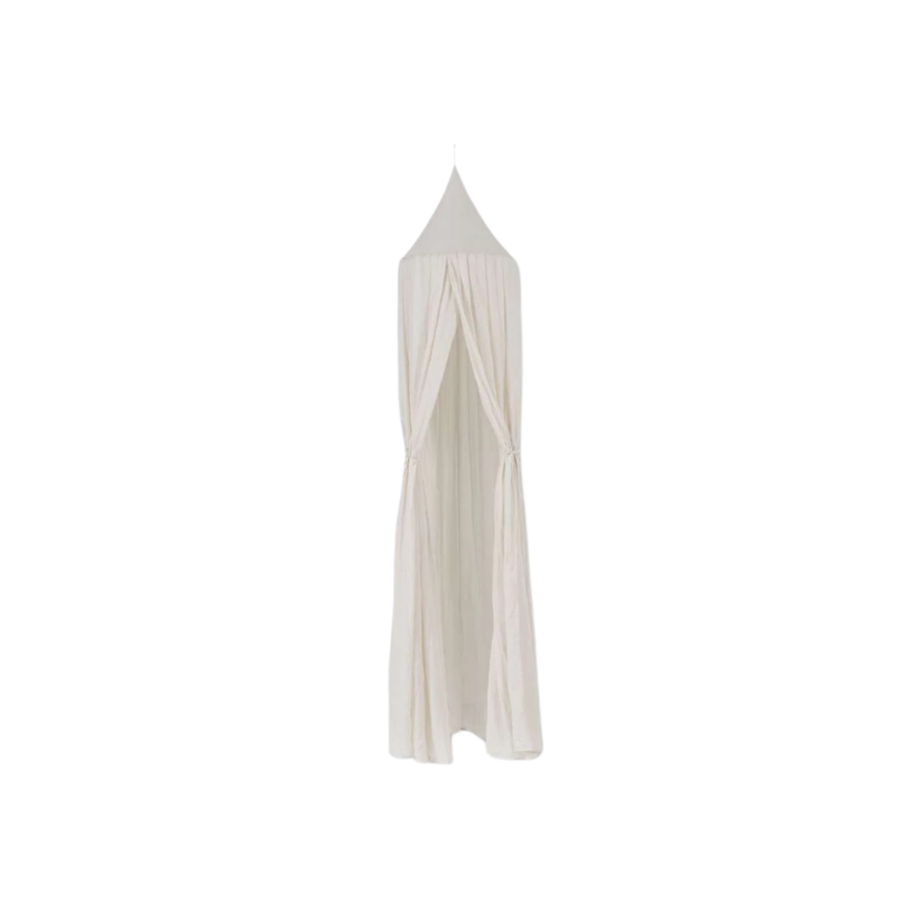 Mocka Linen Look Canopy in oatmeal, featuring a soft, sheer fabric design with a pointed top and functional ties, creating a dreamy and calming space.
