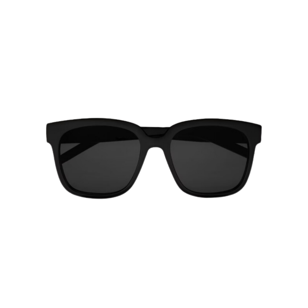Saint Laurent Monogram SL M40 Sunglasses in black acetate featuring a square frame, grey nylon lenses, and gold-tone YSL monogram on the temples, offering 100% UVA/UVB protection.