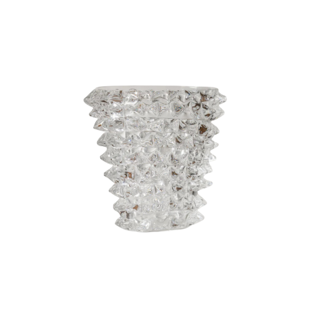 Rachel Donath's Murano Spikey Vase, a handcrafted Italian glass piece featuring a crystalline structure with spiked facets, casting a mesmerising light.