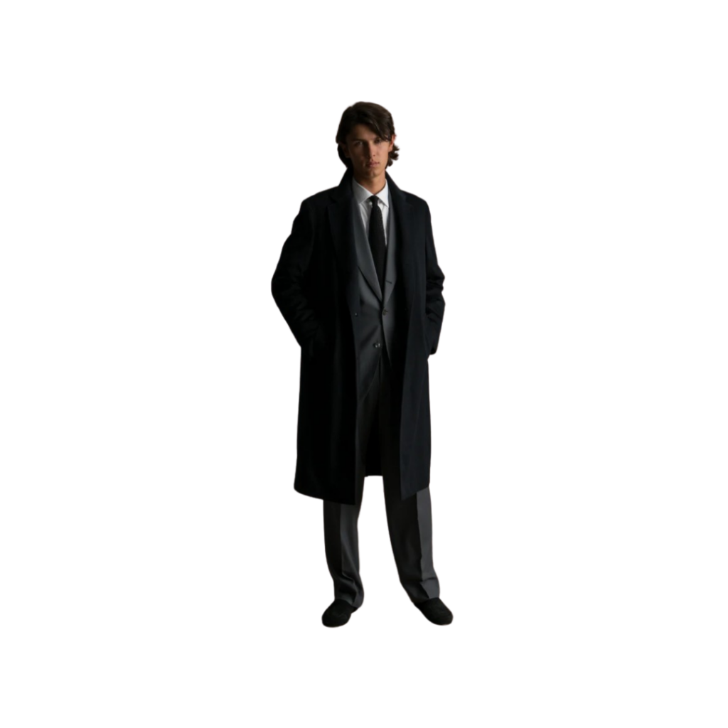 P. Johnson Navy Wool Cashmere Travel Coat featuring Italian-woven fabric, notch lapel, and unlined construction, offering refined comfort for modern journeys