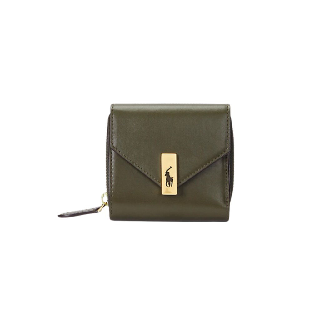 Ralph Lauren's Polo ID Leather Compact Wallet in full-grain Italian leather, featuring a zip-around pocket, eight card slots, and a Polo ID lock closure on the fold-over flap, combining functionality with timeless elegance.