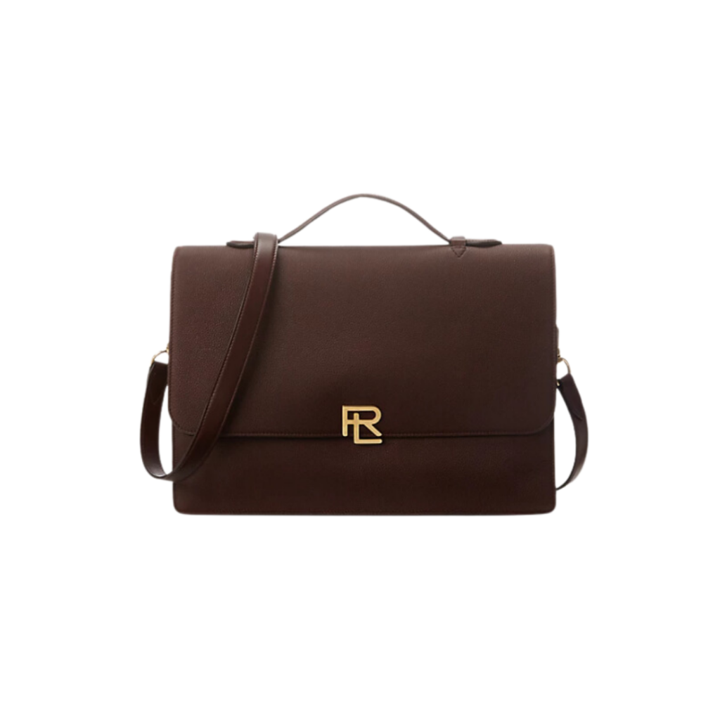 Ralph Lauren's RL Pebbled Calfskin Briefcase, crafted from pebbled full-grain calfskin, features a front flap closure with brass "RL" hardware, a top handle, and a buckled shoulder strap, combining luxury with practicality.