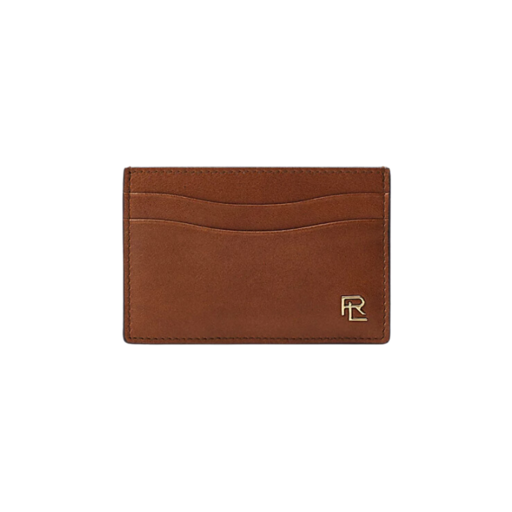 Ralph Lauren's Monogram-Plaque Calfskin Card Case in chestnut, crafted in Italy from supple full-grain calfskin, featuring multiple card slots and a signature "RL" brass plaque, offering a refined and functional accessory for the modern gentleman.
