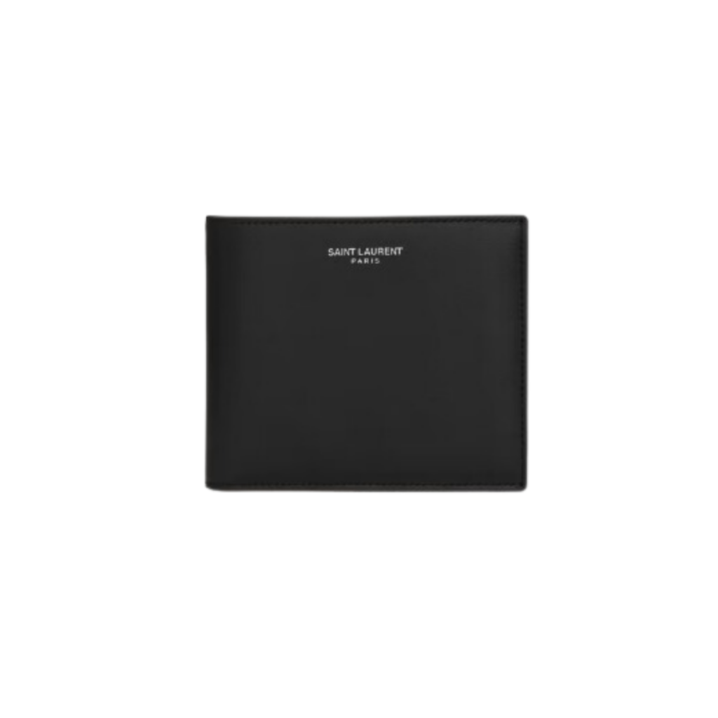 Saint Laurent East/West Wallet in black smooth leather, featuring the SAINT LAURENT PARIS embossed logo, a single-compartment design, eight card slots, and two bill slots, with silver-toned metal hardware.
