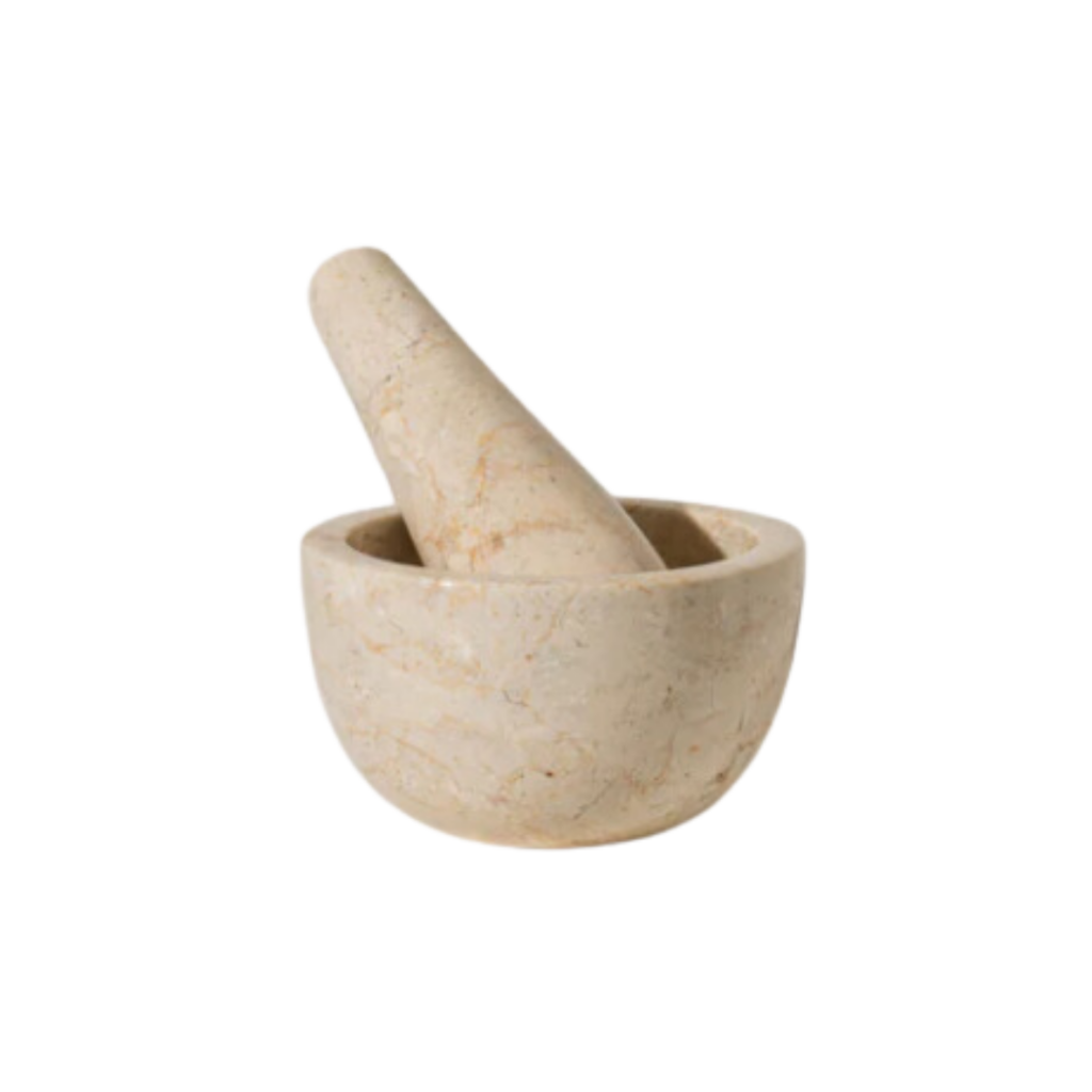 Stone Mortar and Pestle handcrafted from natural marble, showcasing its unique veining and durable surface, perfect for grinding herbs, spices, or making pastes with elegance and timeless appeal.