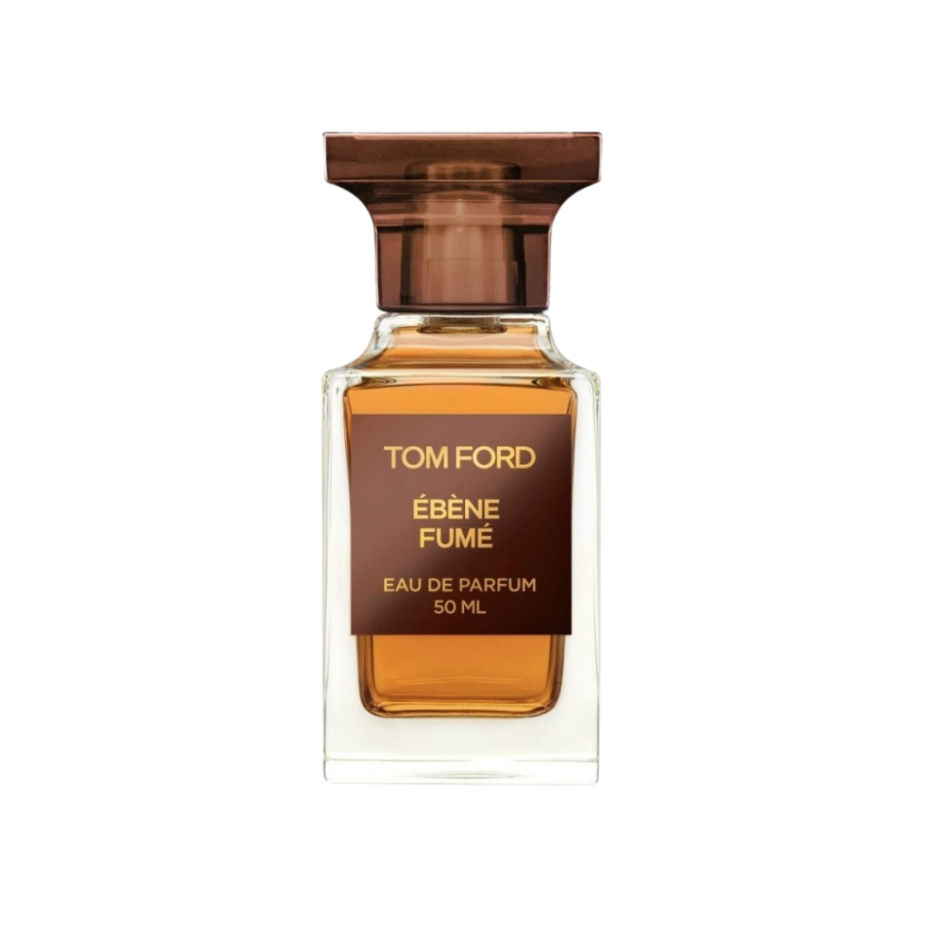 Tom Ford Ébène Fumé Eau de Parfum bottle featuring a smoky blend of Palo Santo, ebony wood, and leather, exuding a refined and meditative allure.