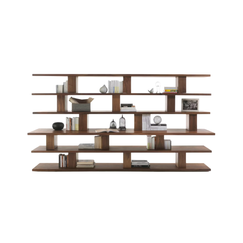 Modular bookshelf crafted from flawless walnut, featuring warm grain and versatile configuration — a sculptural storage solution for sophisticated Australian homes.