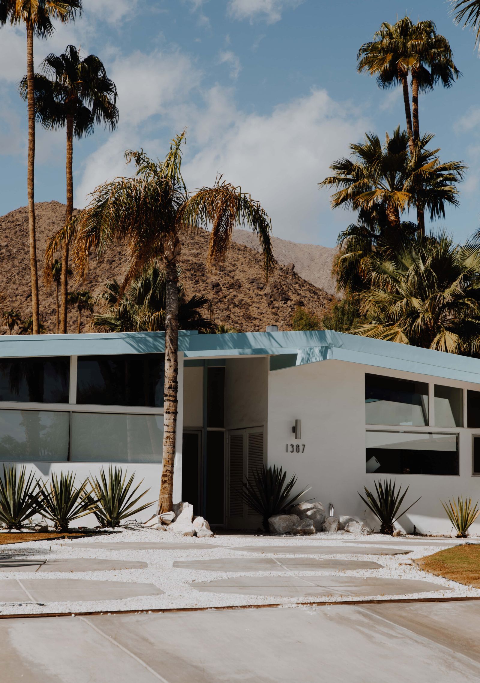 A quintessential Mid-Century Modern house in Palm Springs, California, featuring crisp white walls, a distinctive low roofline, and broad horizontal windows that invite connection to the desert landscape. Tall palm trees and drought-tolerant plantings surround the residence, with rugged mountains providing a dramatic backdrop to this architectural classic.